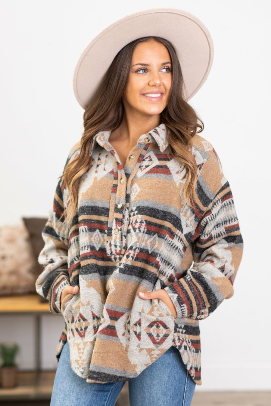 Clothing Kori America Long Sleeves | Tan And Rust Aztec 1/4 Button ...
